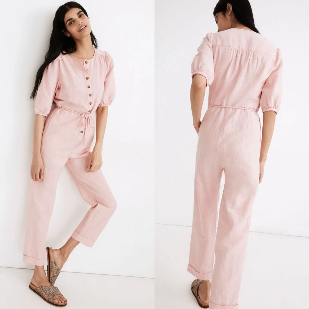 MADEWELL Jumpsuit Womens Size XL Linen Cotton Puff Sleeve Pink Soft Girl Coastal